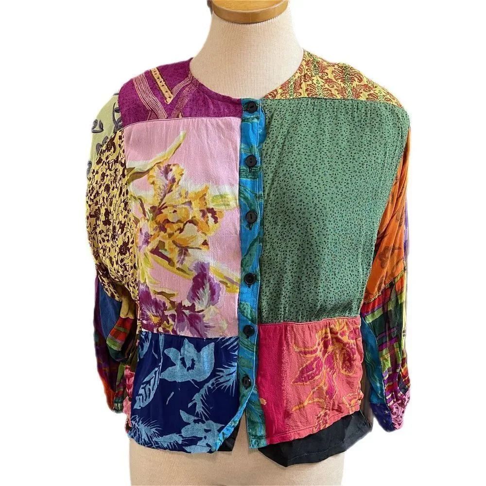 Sacred Threads Floral Multicolor Patchwork Button Boho Blouse Top Womens Small